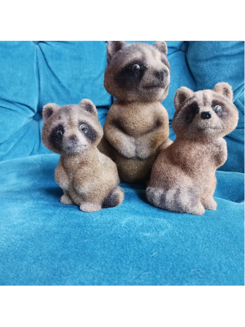 Vintage Flocked Raccoon Bank Figurine Trio Lot Of 3 Trashpanda Bandit Mama